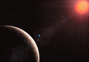   On Tuesday, April 21, researchers in the U.K. announced the discovery of the lightest exoplanet found so far. The planet, "e", in the famous system Gliese 581, is in the constellation of Libra, 20.5 light years (119 trillion miles) away. It is only about twice the mass of Earth.